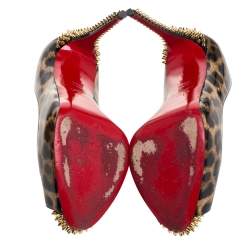 Pre Owned Christian Louboutin Brown/Beige Leopard Print Patent Leather New Very Prive Spikes Platform Pumps Size 39.5