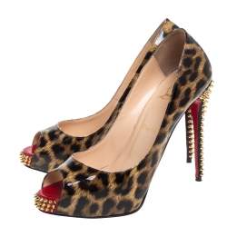 Pre Owned Christian Louboutin Brown/Beige Leopard Print Patent Leather New Very Prive Spikes Platform Pumps Size 39.5