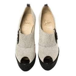 Pre Owned Christian Louboutin White/Black Canvas Deroba Wedge Peep Toe Pumps Size 37