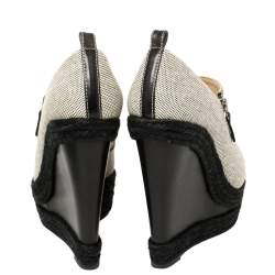 Pre Owned Christian Louboutin White/Black Canvas Deroba Wedge Peep Toe Pumps Size 37