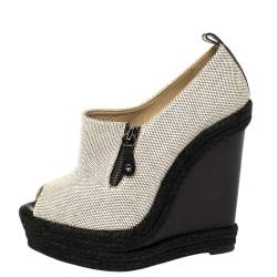 Pre Owned Christian Louboutin White/Black Canvas Deroba Wedge Peep Toe Pumps Size 37