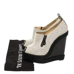 Pre Owned Christian Louboutin White/Black Canvas Deroba Wedge Peep Toe Pumps Size 37