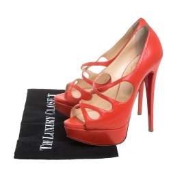 Pre Owned Christian Louboutin Orange Leather Mademoi Criss Cross Peep Toe Pumps Size 36.5