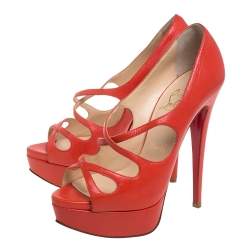 Pre Owned Christian Louboutin Orange Leather Mademoi Criss Cross Peep Toe Pumps Size 36.5