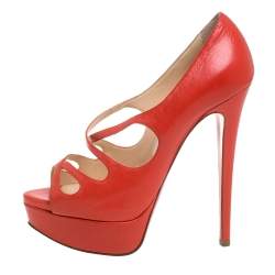 Pre Owned Christian Louboutin Orange Leather Mademoi Criss Cross Peep Toe Pumps Size 36.5