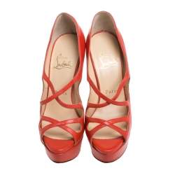 Pre Owned Christian Louboutin Orange Leather Mademoi Criss Cross Peep Toe Pumps Size 36.5
