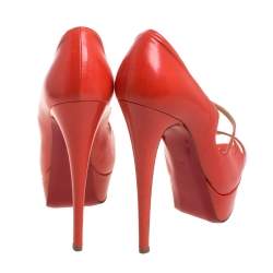 Pre Owned Christian Louboutin Orange Leather Mademoi Criss Cross Peep Toe Pumps Size 36.5