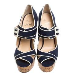 Christian Louboutin Blue Canvas Melides Wedge Sandals Size 37.5