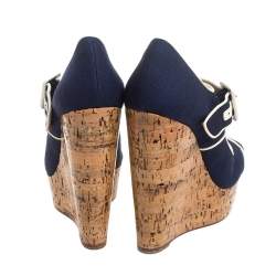Christian Louboutin Blue Canvas Melides Wedge Sandals Size 37.5