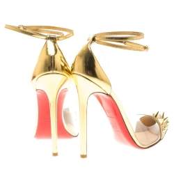 Pre Owned Christian Louboutin Gold  Leather and PVC  Spike Embellished Ankle Wrap Pumps Size 41