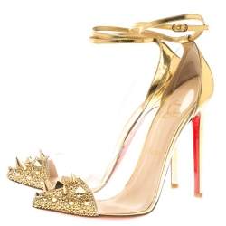 Pre Owned Christian Louboutin Gold  Leather and PVC  Spike Embellished Ankle Wrap Pumps Size 41