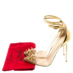 Pre Owned Christian Louboutin Gold  Leather and PVC  Spike Embellished Ankle Wrap Pumps Size 41