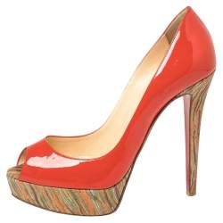 Christian Louboutin Red Patent Leather And Cork Lady Peep Toe Platform Pumps Size 38.5