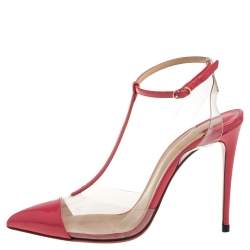 Pre Owned Christian Louboutin Pink Patent Leather/PVC T Strap Sandals Size 37.5