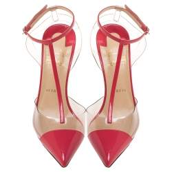 Pre Owned Christian Louboutin Pink Patent Leather/PVC T Strap Sandals Size 37.5