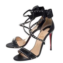 Pre Owned Christian Louboutin Black Leather Choca Spikes Sandals Size 37.5