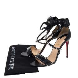 Pre Owned Christian Louboutin Black Leather Choca Spikes Sandals Size 37.5
