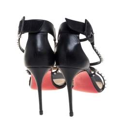Pre Owned Christian Louboutin Black Leather Choca Spikes Sandals Size 37.5