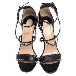 Pre Owned Christian Louboutin Black Leather Choca Spikes Sandals Size 37.5