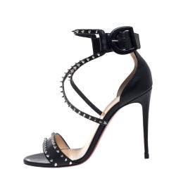 Pre Owned Christian Louboutin Black Leather Choca Spikes Sandals Size 37.5