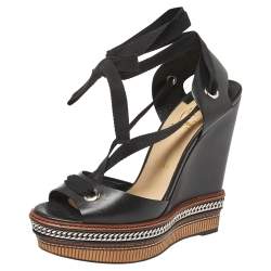 Pre Owned Christian Louboutin Black Leather Tribuli Wedge Sandals Size 40
