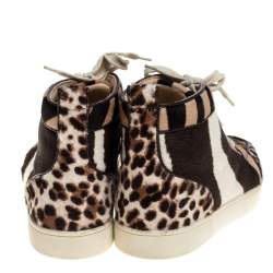 Pre Owned Christian Louboutin Brown/White Leopard Print Calf Hair Rantus Orlato High Top Sneakers Size 39