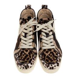 Pre Owned Christian Louboutin Brown/White Leopard Print Calf Hair Rantus Orlato High Top Sneakers Size 39