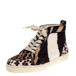 Pre Owned Christian Louboutin Brown/White Leopard Print Calf Hair Rantus Orlato High Top Sneakers Size 39