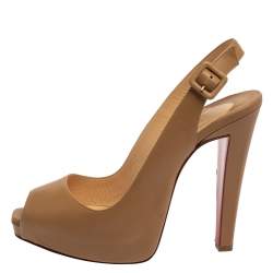 Pre Owned Christian Louboutin Nude Leather Platform  Slingback Pumps Size 39.5