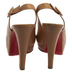 Pre Owned Christian Louboutin Nude Leather Platform  Slingback Pumps Size 39.5