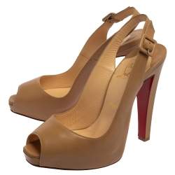 Pre Owned Christian Louboutin Nude Leather Platform  Slingback Pumps Size 39.5