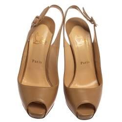 Pre Owned Christian Louboutin Nude Leather Platform  Slingback Pumps Size 39.5