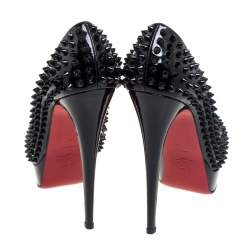 Pre Owned Christian Louboutin Black Patent Leather Lady Peep Toe Spike Platform Pumps Size 40