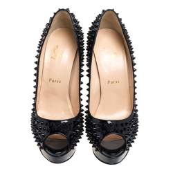 Pre Owned Christian Louboutin Black Patent Leather Lady Peep Toe Spike Platform Pumps Size 40