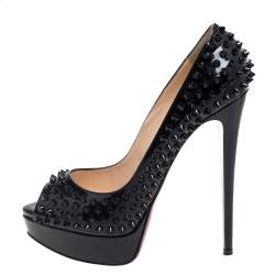 Pre Owned Christian Louboutin Black Patent Leather Lady Peep Toe Spike Platform Pumps Size 40