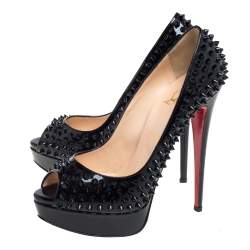 Pre Owned Christian Louboutin Black Patent Leather Lady Peep Toe Spike Platform Pumps Size 40
