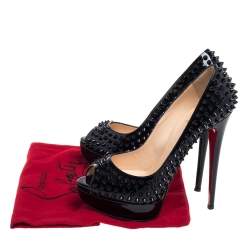 Pre Owned Christian Louboutin Black Patent Leather Lady Peep Toe Spike Platform Pumps Size 40