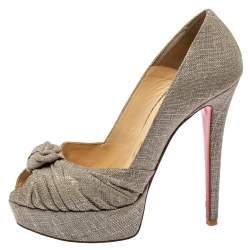 Pre Owned Christian Louboutin Metallic Grey Fabric Knotted Peep Toe Pumps Size 37