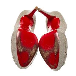 Pre Owned Christian Louboutin Metallic Grey Fabric Knotted Peep Toe Pumps Size 37