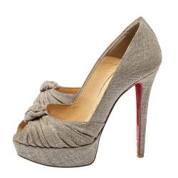 Pre Owned Christian Louboutin Metallic Grey Fabric Knotted Peep Toe Pumps Size 37