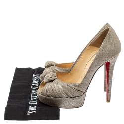 Pre Owned Christian Louboutin Metallic Grey Fabric Knotted Peep Toe Pumps Size 37