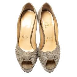 Pre Owned Christian Louboutin Metallic Grey Fabric Knotted Peep Toe Pumps Size 37