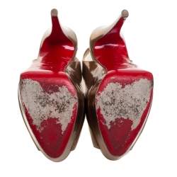 Pre Owned Christian Louboutin Metallic Bronze Leather Lady Peep Toe Platform Slingback Sandals Size 38