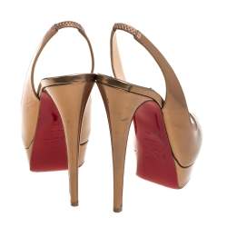 Pre Owned Christian Louboutin Metallic Bronze Leather Lady Peep Toe Platform Slingback Sandals Size 38