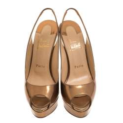 Pre Owned Christian Louboutin Metallic Bronze Leather Lady Peep Toe Platform Slingback Sandals Size 38