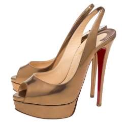 Pre Owned Christian Louboutin Metallic Bronze Leather Lady Peep Toe Platform Slingback Sandals Size 38