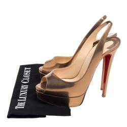 Pre Owned Christian Louboutin Metallic Bronze Leather Lady Peep Toe Platform Slingback Sandals Size 38