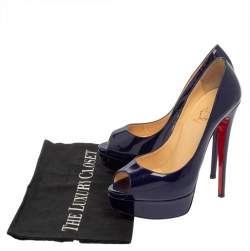 Pre Owned Christian Louboutin Blue Patent Leather Lady Peep  Platform Pumps Size 37