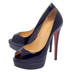 Pre Owned Christian Louboutin Blue Patent Leather Lady Peep  Platform Pumps Size 37
