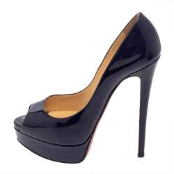 Pre Owned Christian Louboutin Blue Patent Leather Lady Peep  Platform Pumps Size 37